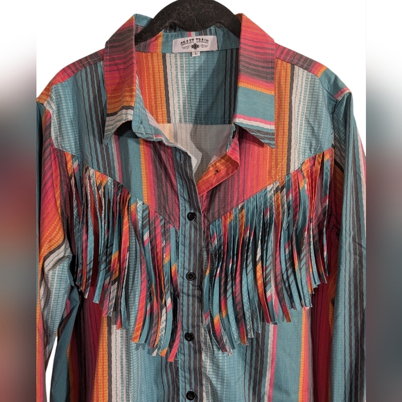 Crazy Train Serape Fringe Western Button Down Shirt | Boutique Boho Top | Size L - Picture 4 of 7